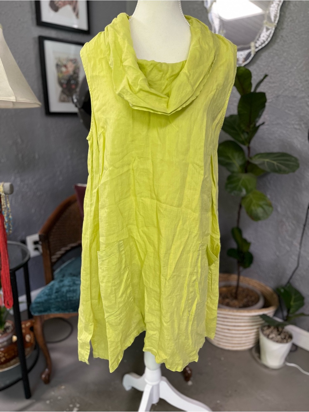 Sleeveless 100% Linen Lime Green Cowl Neck Mini Dress with Pockets